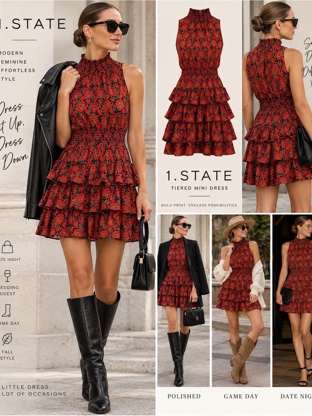 Red Floral Smocked Tiered Mini Dress with High Neck XS